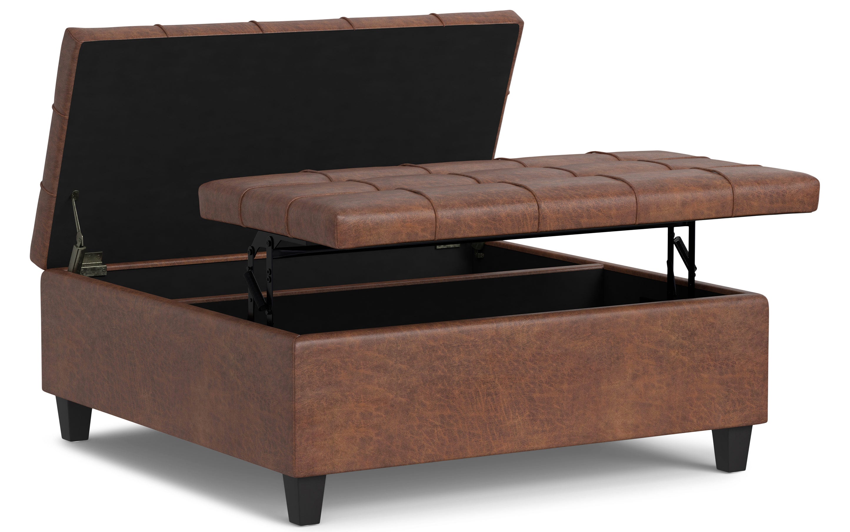 Harrison Large Square Coffee Table Storage Ottoman - Distressed Saddle Brown Distressed Vegan Leather